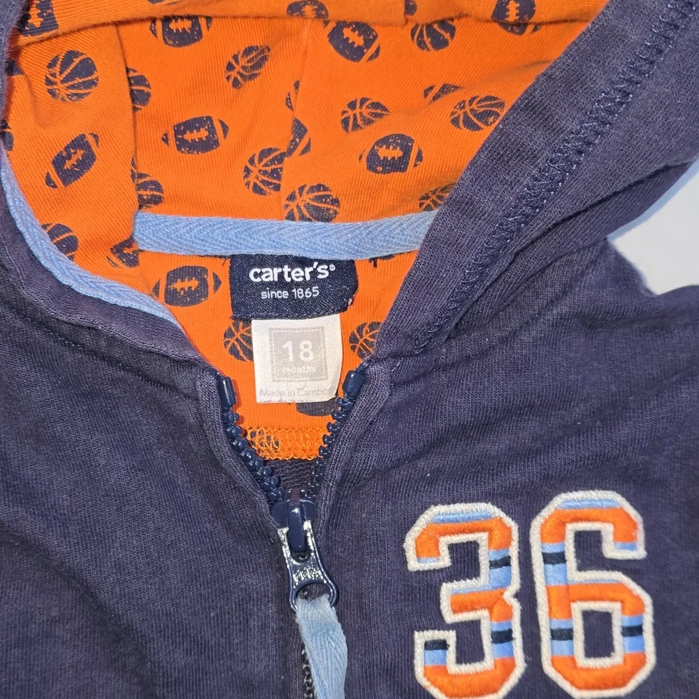 Carters Navy Zip-Up Hoodie with Orange Accent Basketball And Football Season 18M